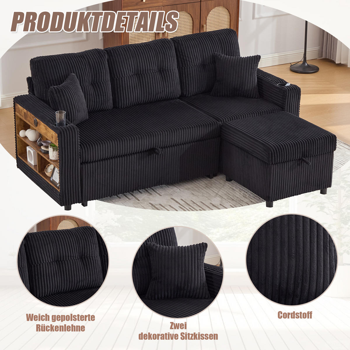 ECKSCHLAFSOFA 196/144/85 cm Schwarz mit Stauraum, USB-C, Ambientebeleuchtung und Getränkehaltern - Schwarz, Textil (196/82cm) - Oxeza