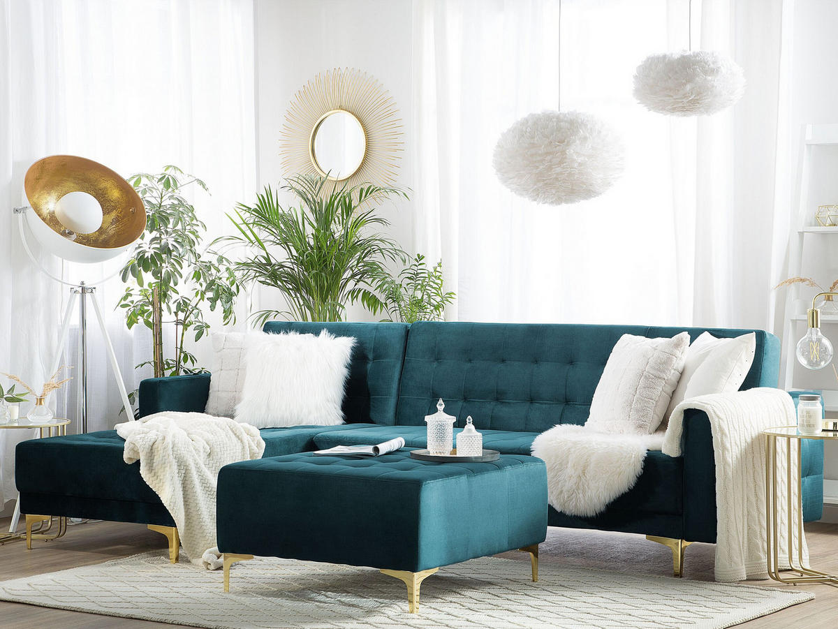 SCHLAFSOFA linksseitig mit Ottomane Samtstoff Blaugrün Aberdeen - Hellgrün, Textil (267/168cm) - Beliani