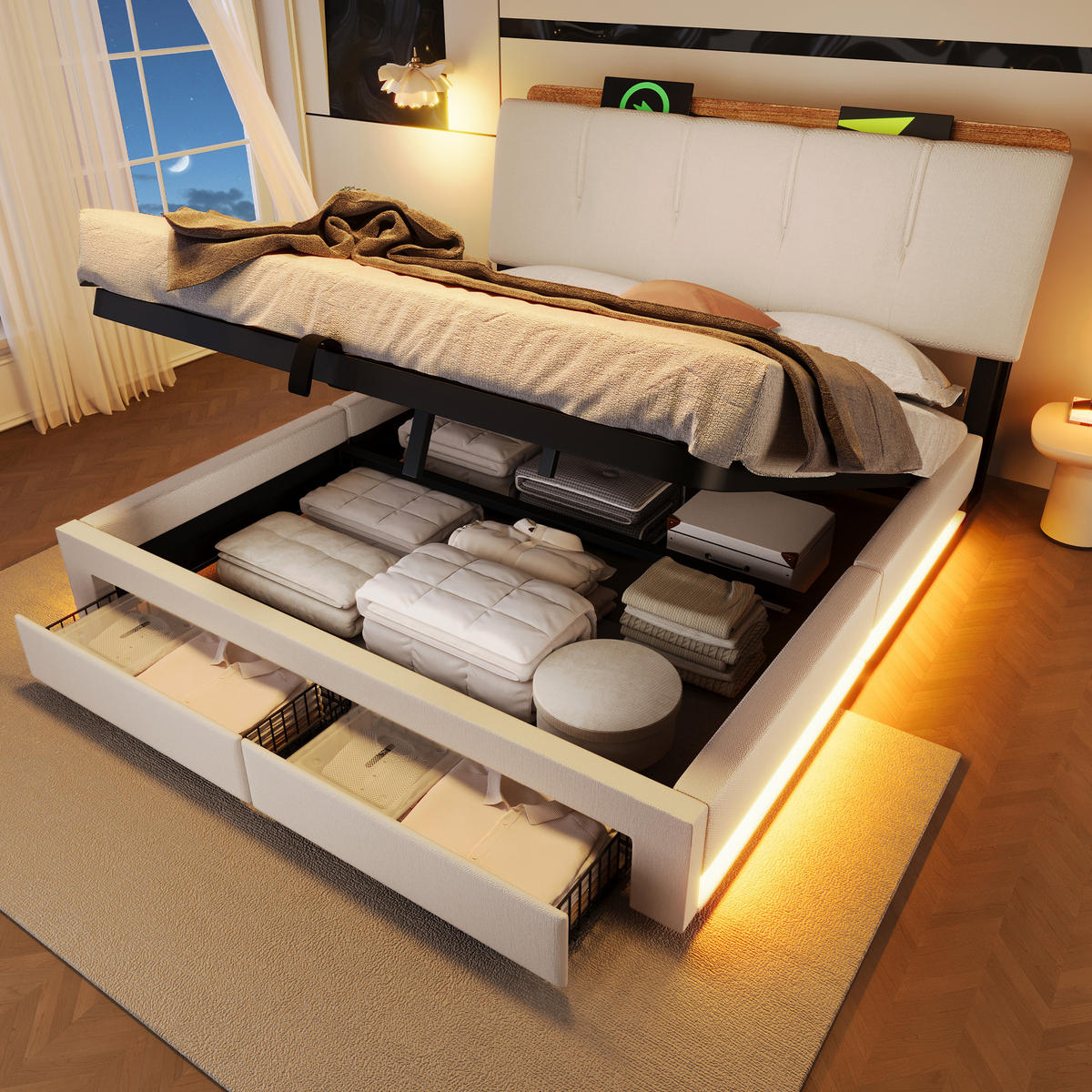 POLSTERBETT 140x200cm Hydraulik LED USB Typ C Leinen Beige - Beige, Naturmaterialien (140/200cm) - FLIEKS