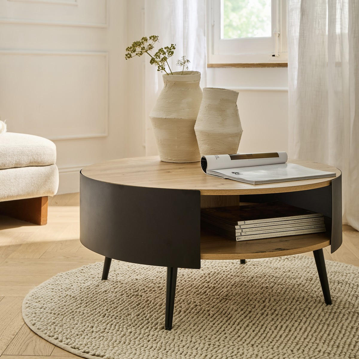 COUCHTISCH mit 2 Ebenen und schwarzen Metallseiten eklo 80/39/80 cm - Eichefarben, Holzwerkstoff (80/80/39cm) - Calicosy