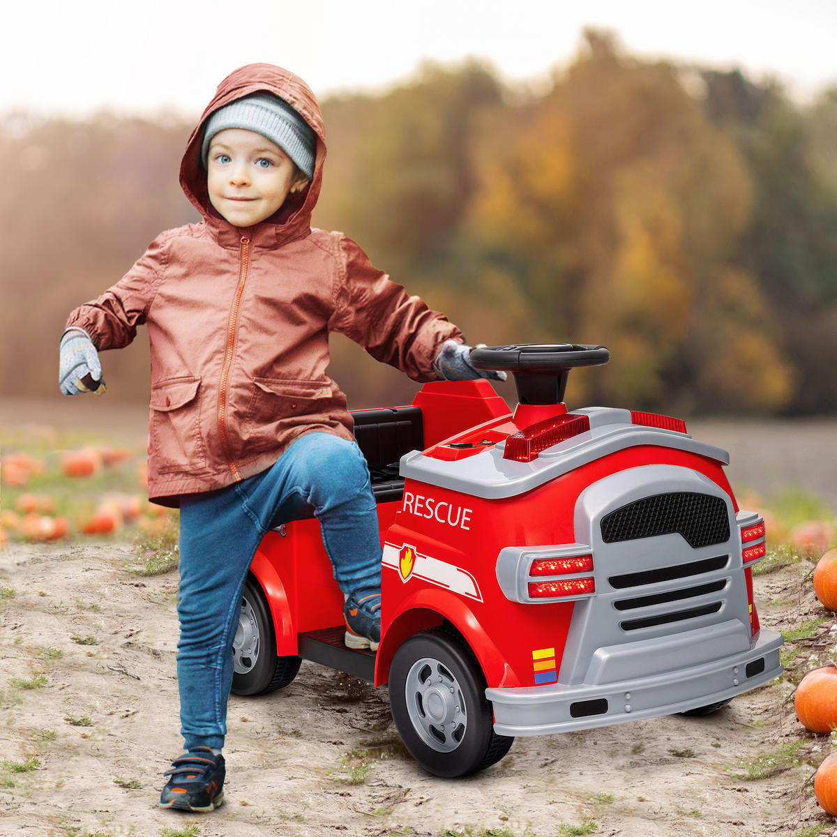 FEUERWEHRAUTO, Elektro-Kinderauto, max. 3 km/h, Sirene, Blaulicht, Werkzeuge, für Kinder 3-5 Jahre - Rot, Kunststoff/Metall (86/49/52cm) - AIYAPLAY