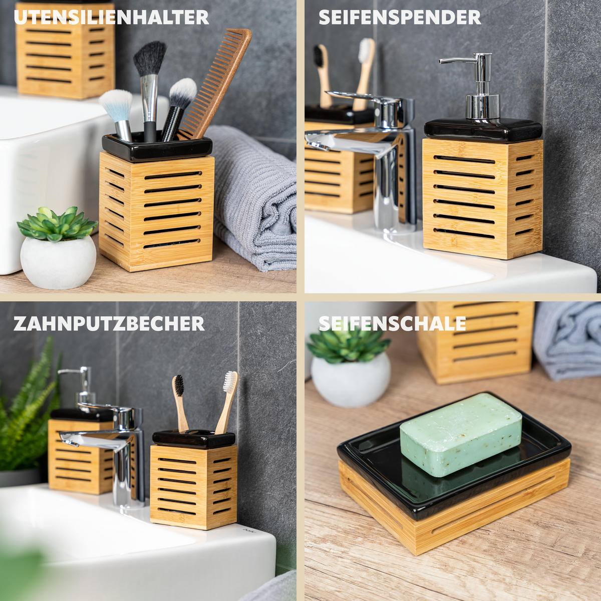 BADEZIMMER-SET, schwarz - Schwarz, Keramik (6.7/11.5/8.5cm) - bremermann