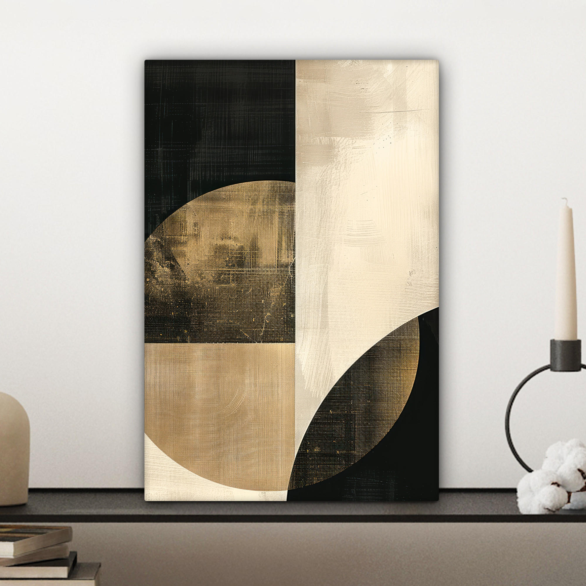 LEINWANDBILD Abstrakt - Geometrische Formen - Schwarz - Gold 20x30 cm - Ecru, Textil (20/30cm) - MuchoWow