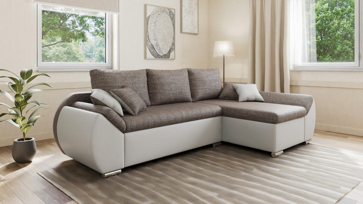 ECKSOFA - ALEX – Braun + Weiß (Lawa 02 + Soft 17) - Rechts - Braun, Holzwerkstoff/Metall (275/155cm) - Möblo