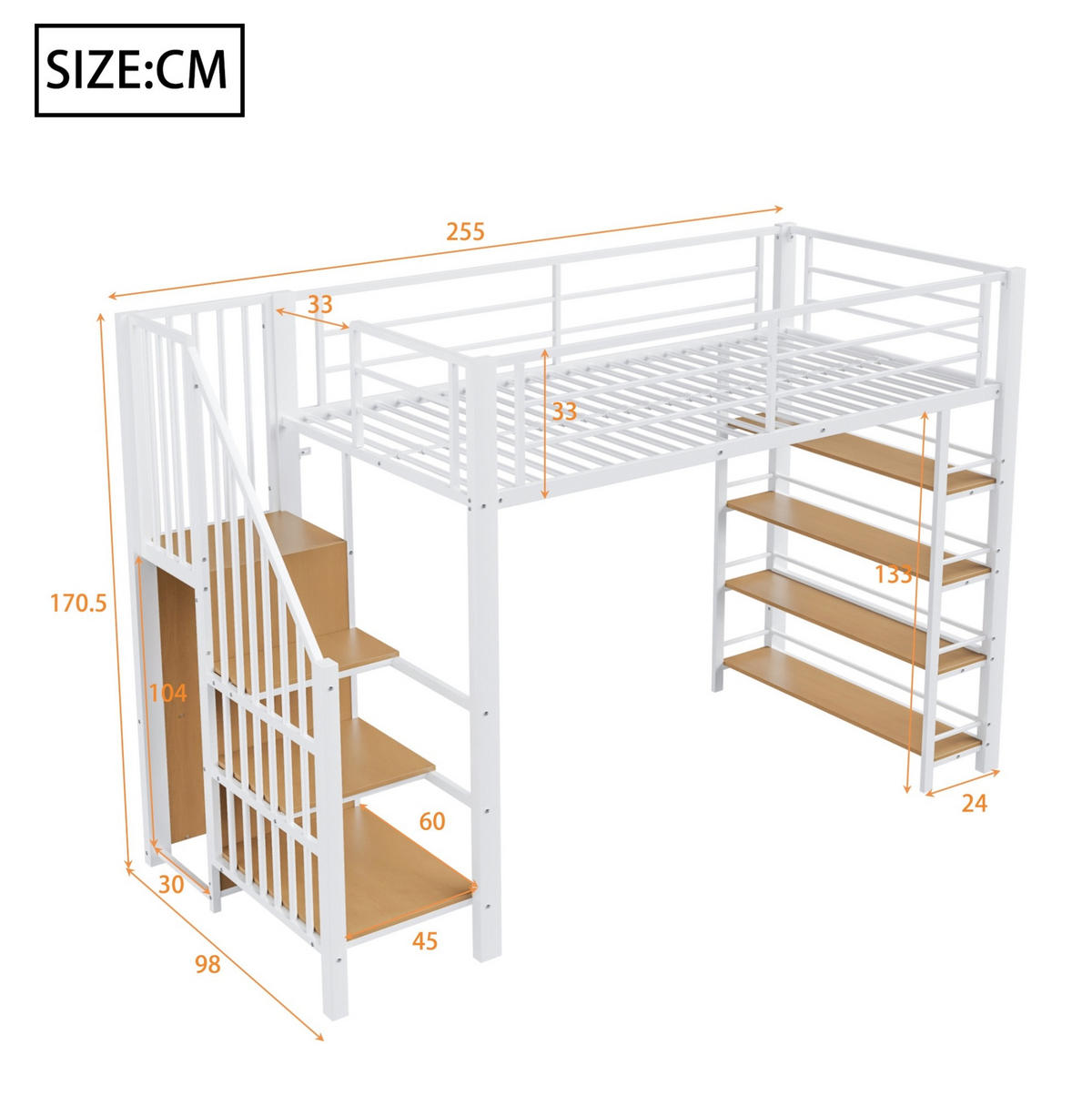 HOCHBETT 90/200 cm aus Metall und MDF mit Treppe, Kleiderschrank und Regalfächern Weiß - Weiß, Metall (90/200cm) - Modenvie