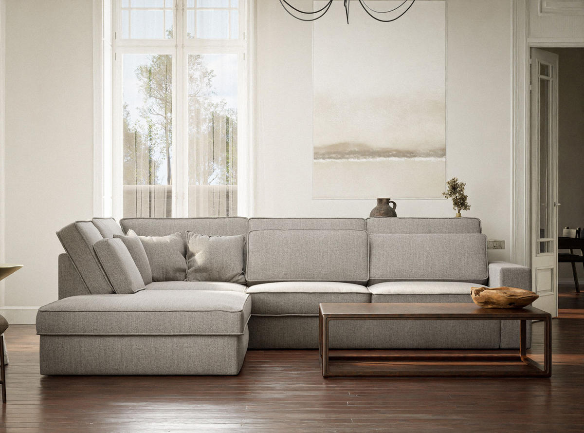 ECKSOFA Kirou Beige grau Webstoff - Links Seite - Greige/Schwarz, Holz/Holzwerkstoff (225/311cm) - Maison de Reve