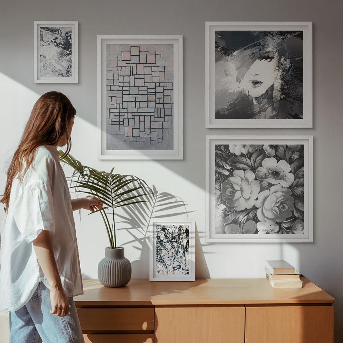 WANDBILDER 5er-Set - 50x50 cm & 20x30 cm & 40x60 cm Weißer Rahmen - Abstrakte schwarz-weiße Muster - Weiß, Kunststoff (40/60cm) - ArtPrintCave