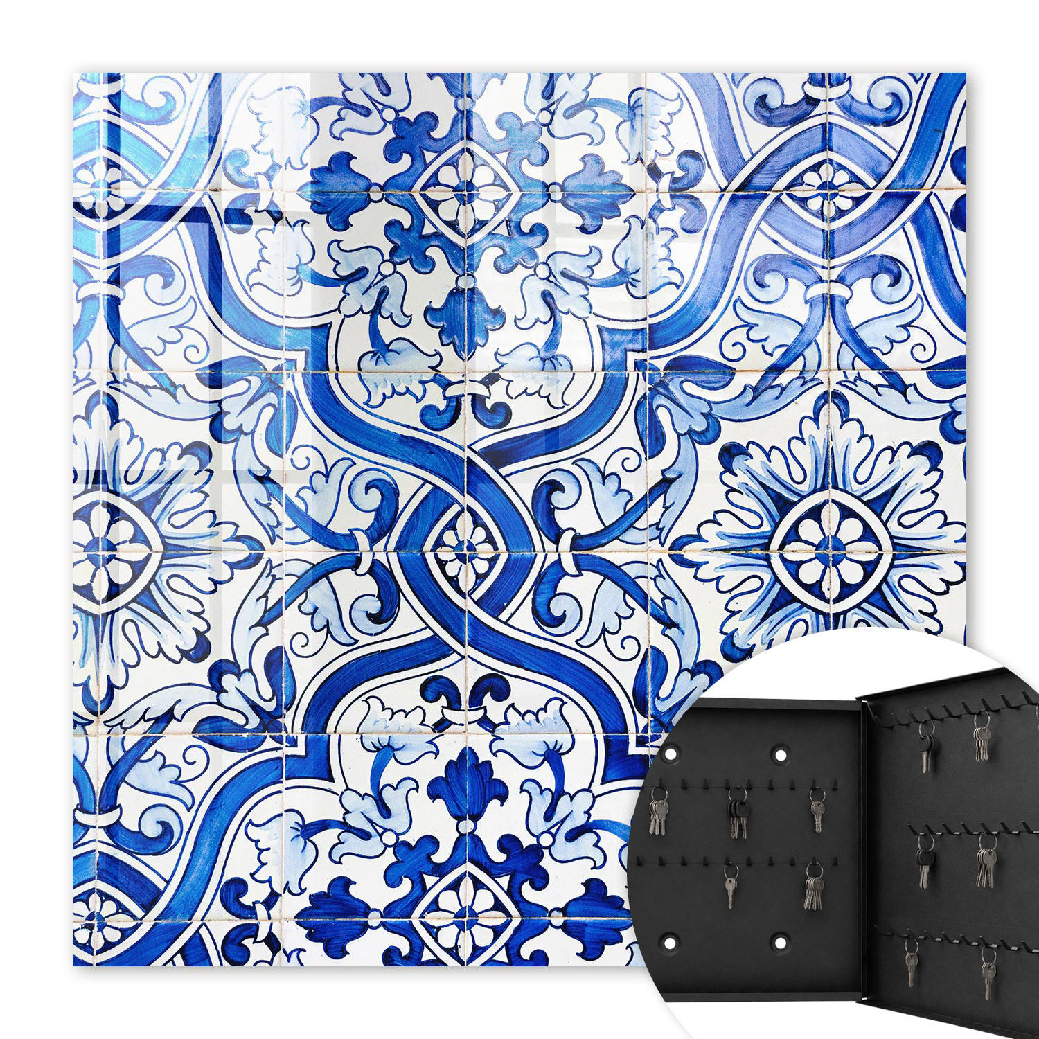 SCHLÜSSELBOX Schwarz 30x30 cm- Türöffnung nach rechts - Dekorative Fliesen - Blau, Metall (30/30/5cm) - TULUP