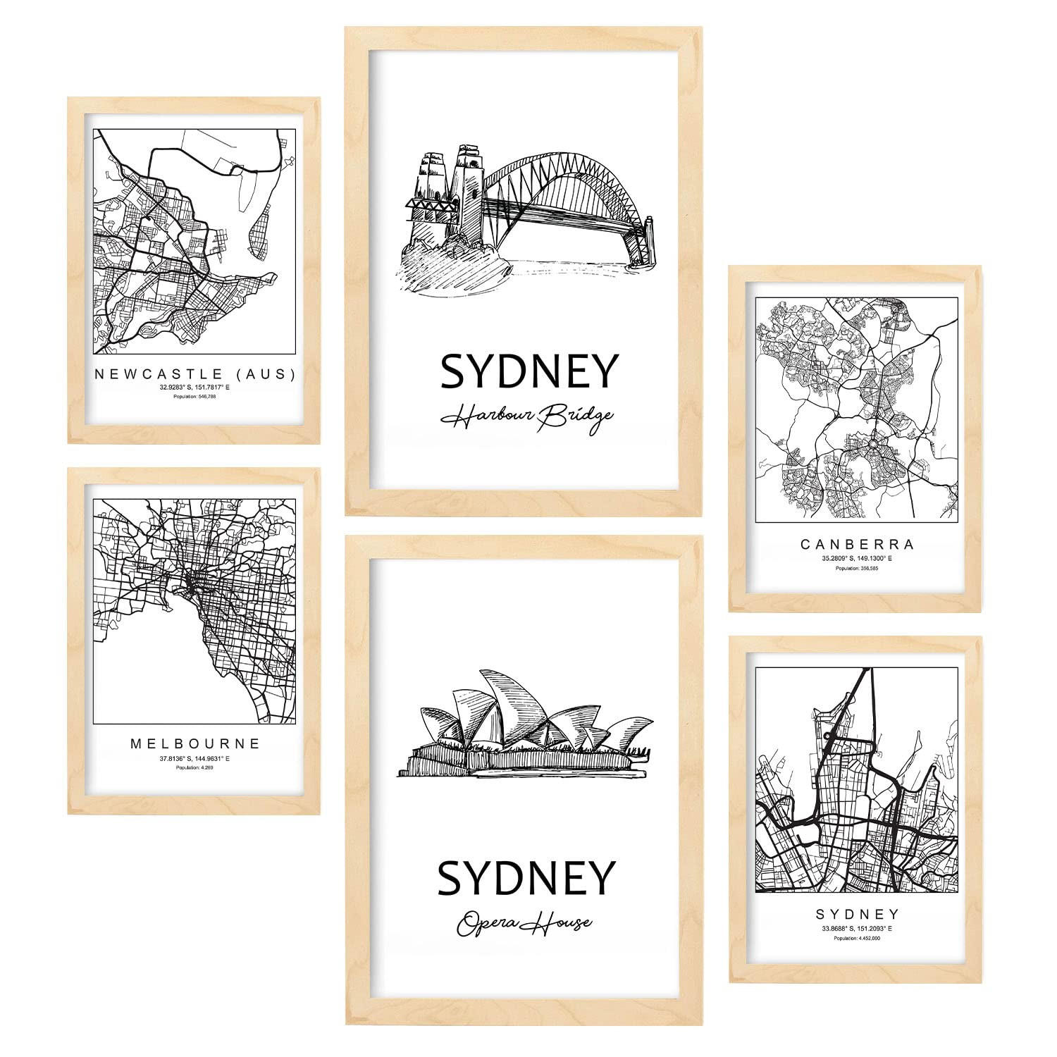 POSTER Set Mit 6 Drucke Von Australien Von Karten In Schwarz Weiß A3 & A4 Rahmen Aus Hellem Holz - Beige, Papier (29/3cm) - Nacnic