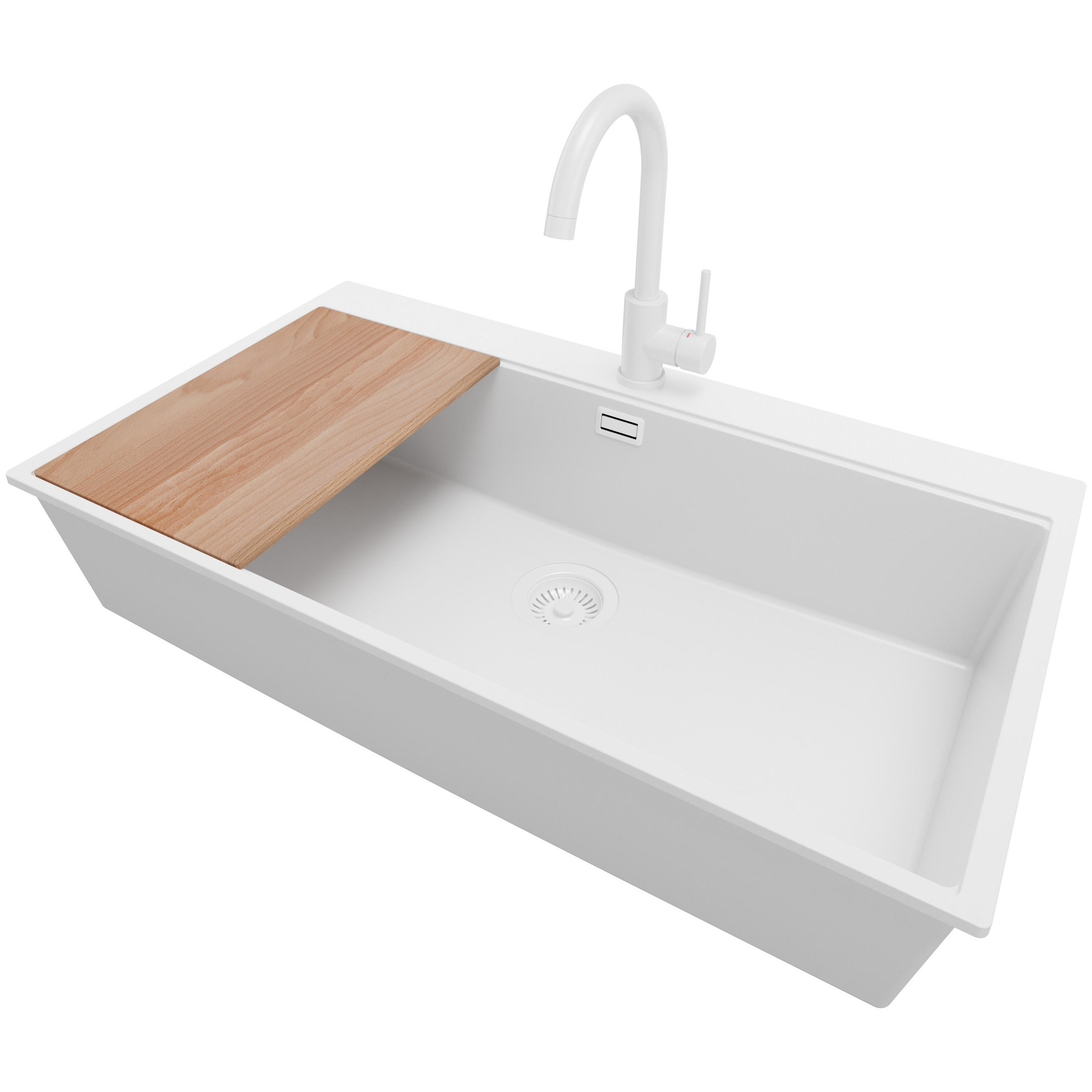 GRANITSPÜLE Oslo, 2-er set Alles Weiß 88/50 cm 1 Becken + Küchenarmatur 32/20 cm + Ablauf-Set + Schneidebrett ab 90er Unterschrank - Beige/Weiß, Kunststoff (88/20/50cm) - Primagran