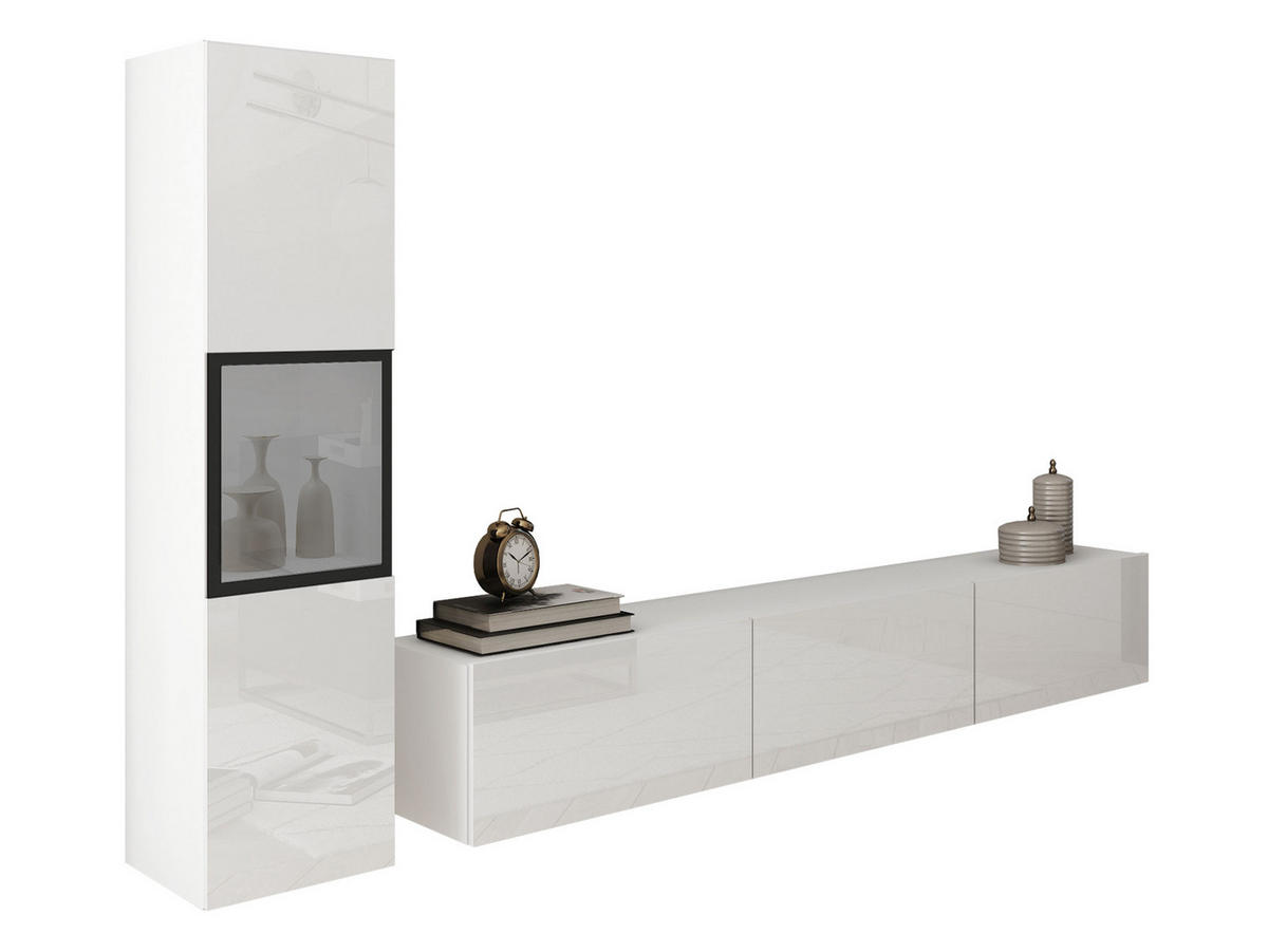 WOHNWAND Berlin I - Weiß Hochglanz/Alufarben, Holzwerkstoff/Kunststoff (180/30/33cm) - MIRJAN24