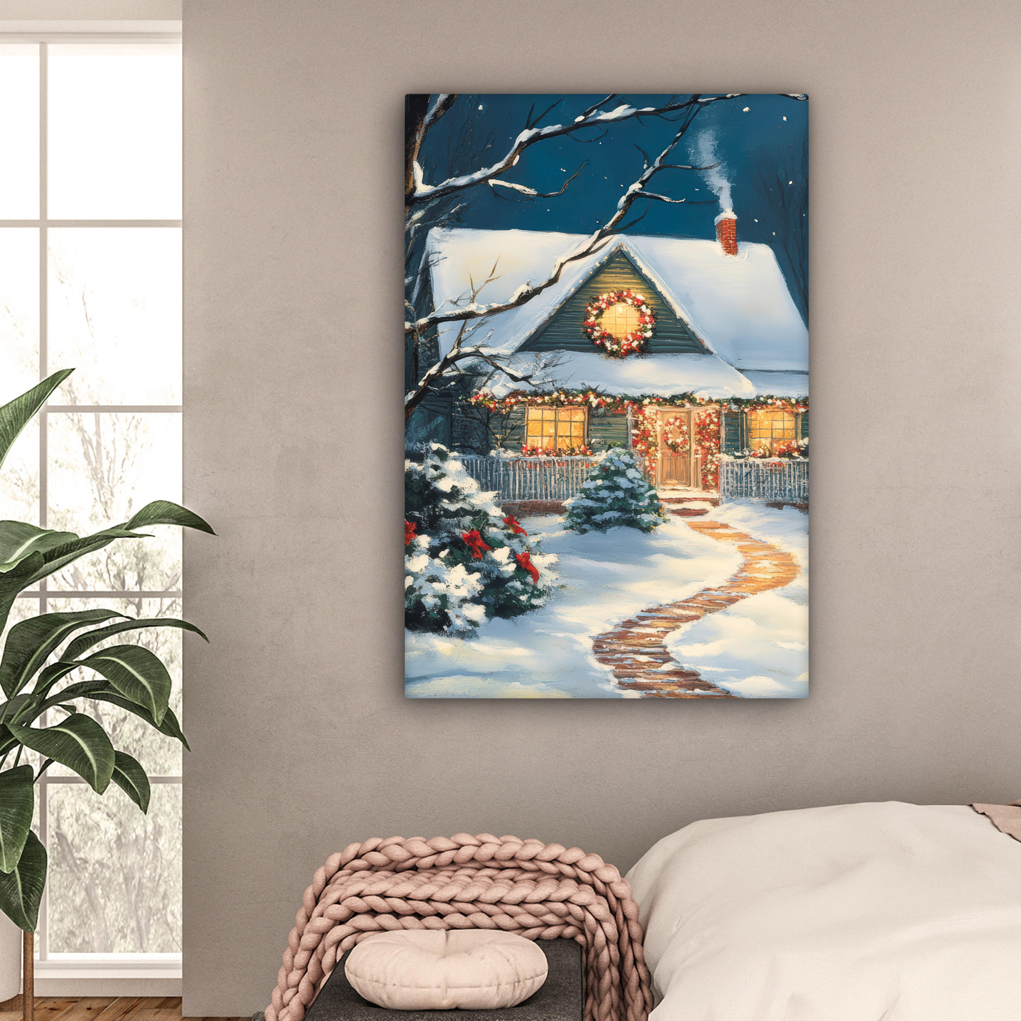 LEINWANDBILD Weihnachten - Weihnachtsbaum - Winter - Zuhause - Schnee 90x140 cm - Smaragdgrün, Textil (90/140cm) - MuchoWow