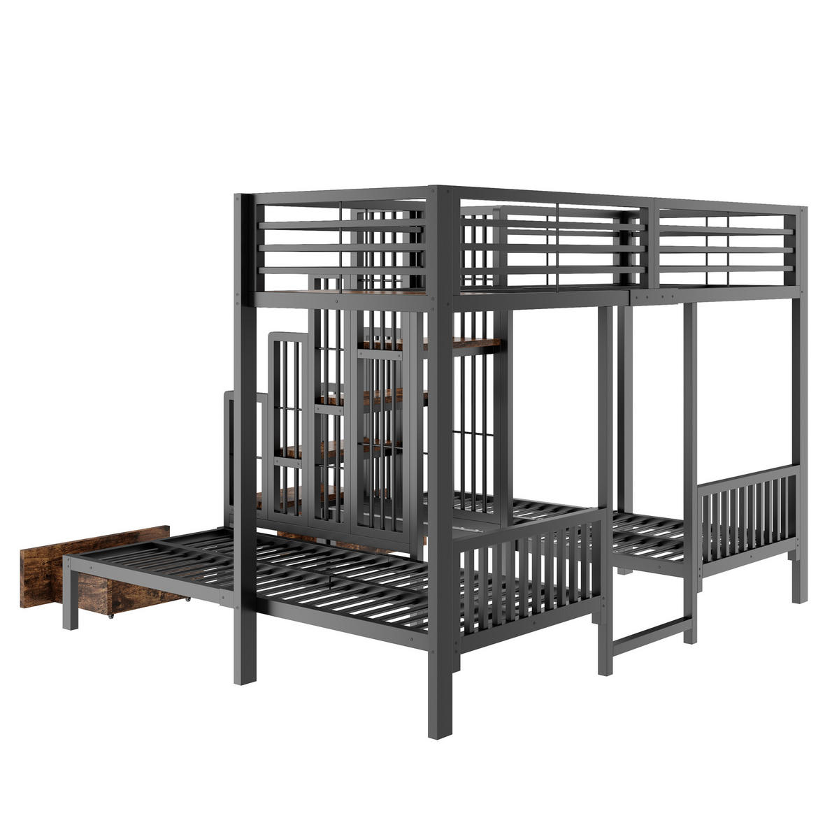 ETAGENBETT 90/200 cm mit Treppe und Schubladen, DE-41595, in Schwarz - Schwarz, Metall (90/200cm) - ComfortXL