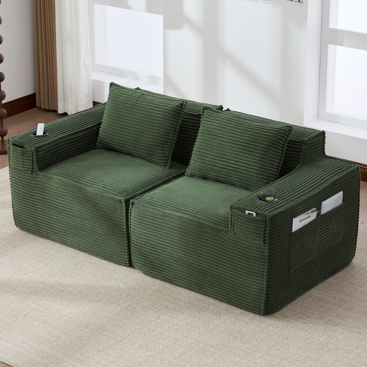 2-SITZER-SOFA DE-33835 modular mit Getränkehaltern Grün - Grün, Textil (188/75/90cm) - ComfortXL