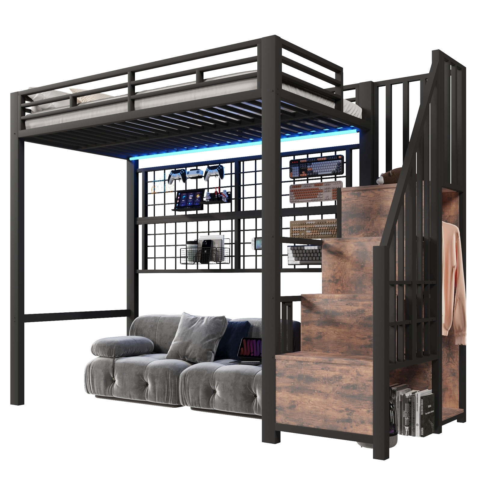 HOCHBETT 90x200 cm LED Schrank schwarz - Schwarz, Metall (90/200cm) - LEBENLANG