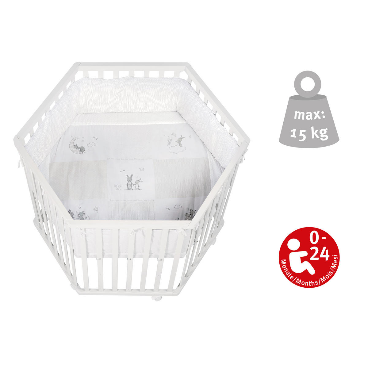 LAUFGITTER 6-eckig, Fox & Bunny - Weiß, Holzwerkstoff (118.5/72.5/103.5cm) - Roba