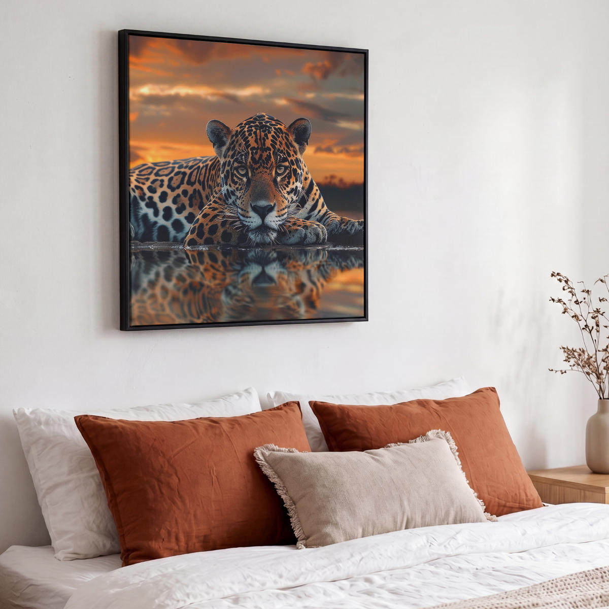 LEINWAND Bilder mit Rahmen - Natur - Leopard - Tier - Sonnenuntergang - Modern - 50x50 - Orange, Textil (50/50cm) - MuchoWow