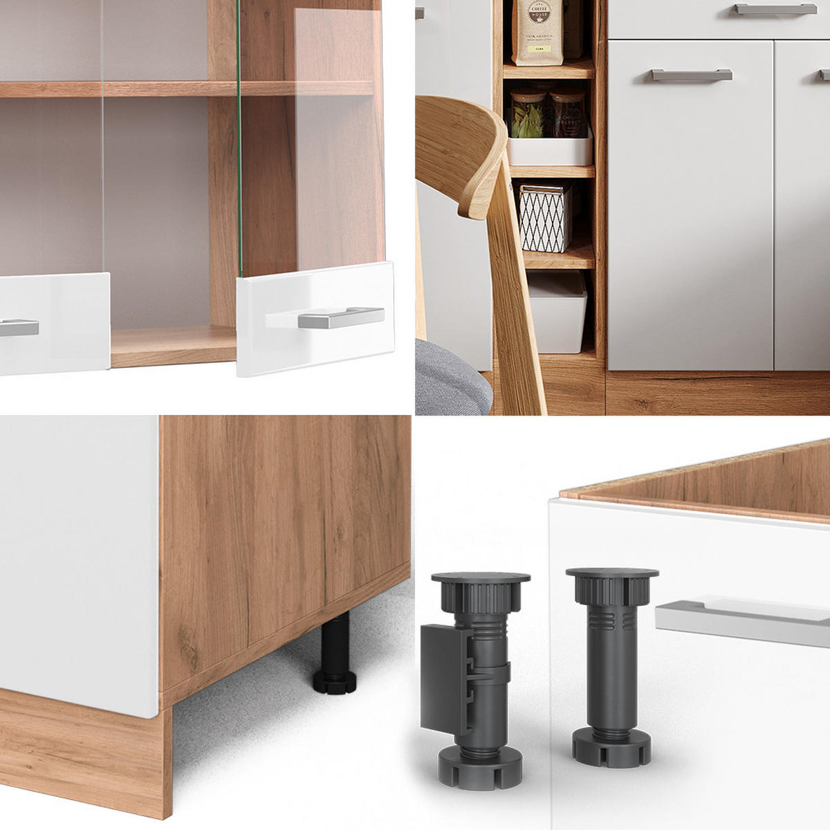 SINGLEKÜCHE R-Line Weiß Hochglanz/Goldkraft Eiche 160 cm ohne AP - Weiß Hochglanz/Eiche Wotan, Holzwerkstoff (160/81.6/46cm) - Vicco