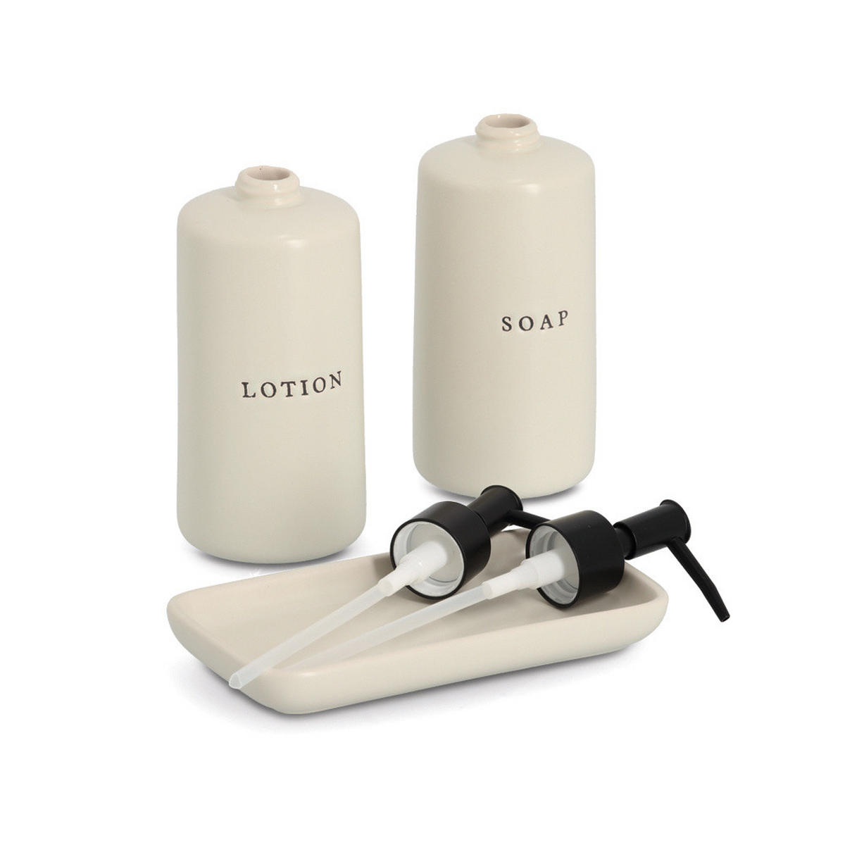 SEIFEN- UND LOTIONSPENDER Keramik Bath Style 3-teilig - Beige, Keramik (7.7/20/7.7cm) - ZELLER