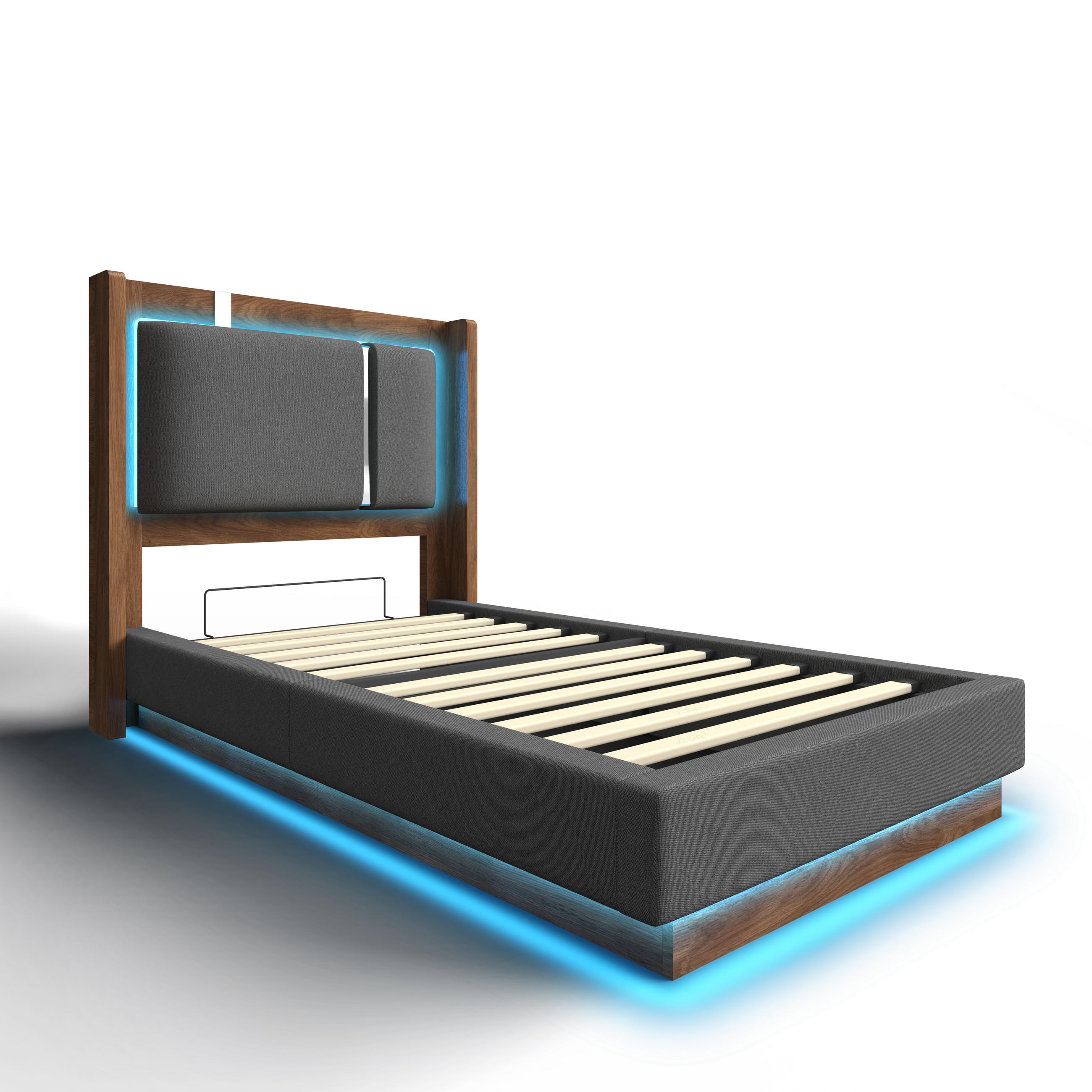 BOXBETT mit Bettkasten & LED, Leinenstoff, hochklappbar mit Lattenrost, 90x200cm, Grau - Grau, Holz/Textil (90/200cm) - LVHOM