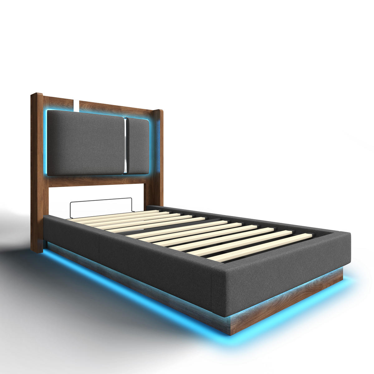 POLSTERBETT 90/200 cm Grau mit LED und Bettkasten, ohne Matratze - Grau, Textil (90/200cm) - Oxeza