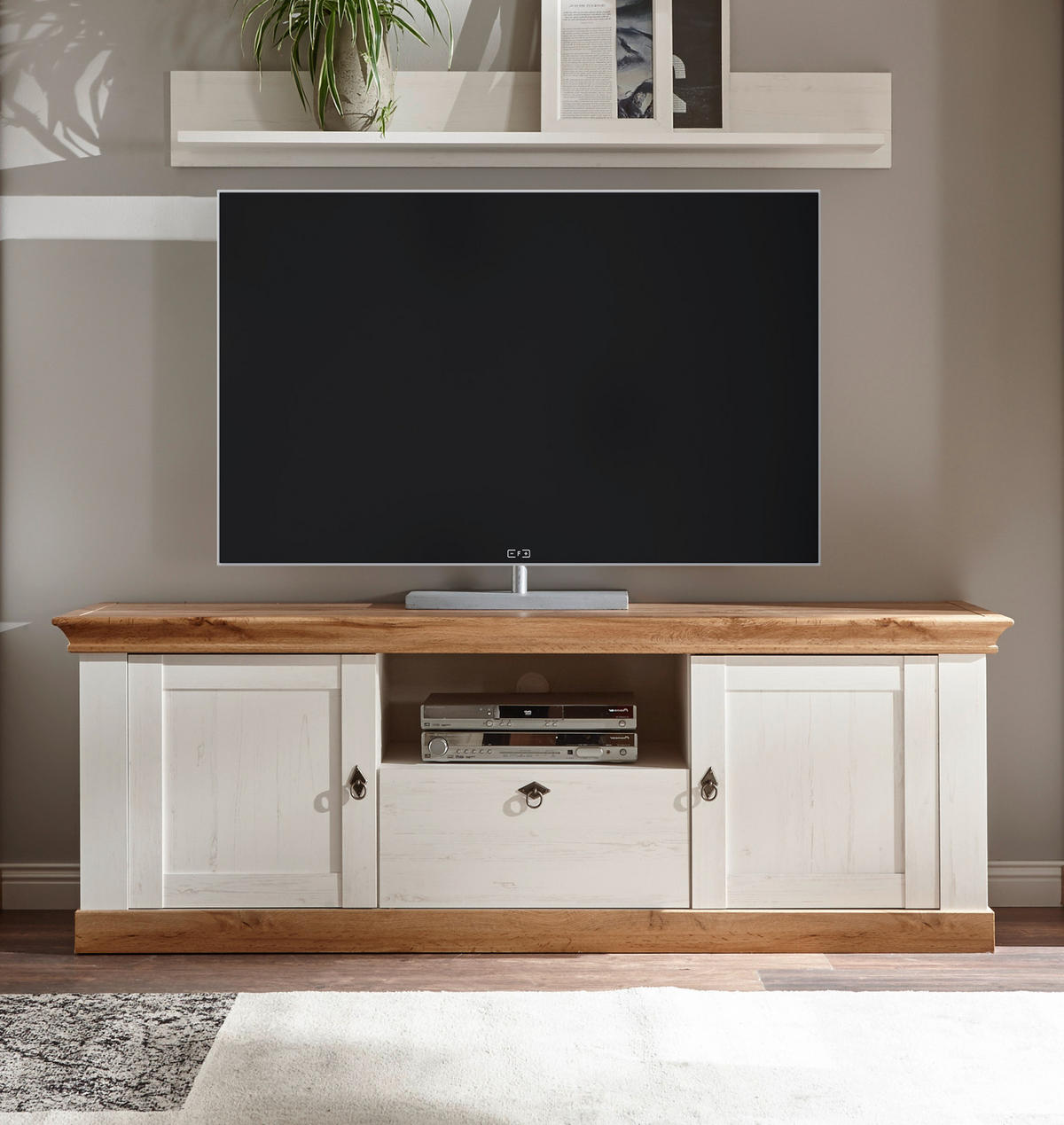 TV-LOWBOARD weiß Pinie, Eiche Wotan 183 cm, Landhaus Fernsehtisch mit Komforthöhe - Silberfarben/Eiche Wotan, Holzwerkstoff/Metall (182/64/52cm) - Furn.Design