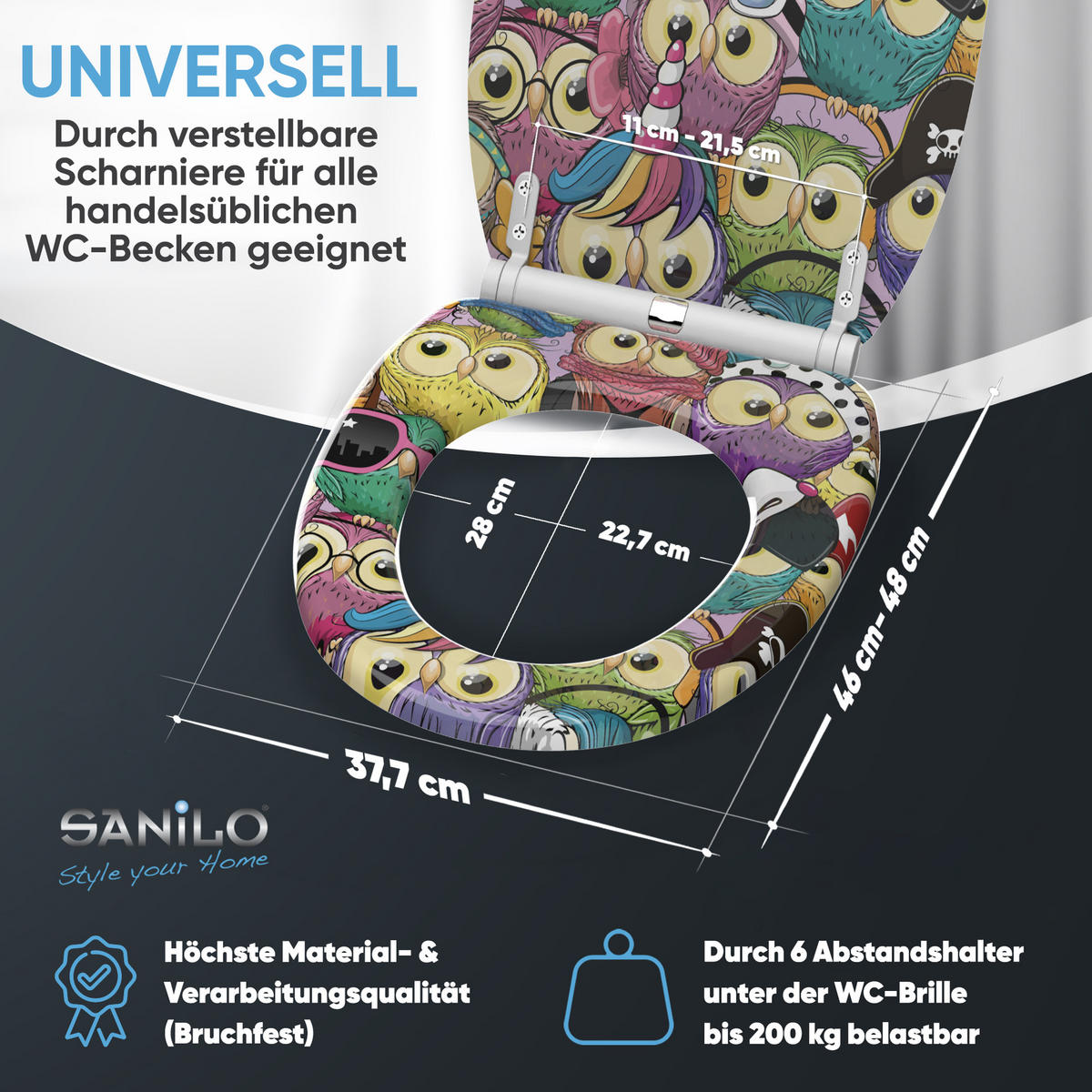 WC-SITZ mit Absenkautomatik & Top Fix Owl - Multicolor, Holzwerkstoff (37.7/5.5/48cm) - Sanilo