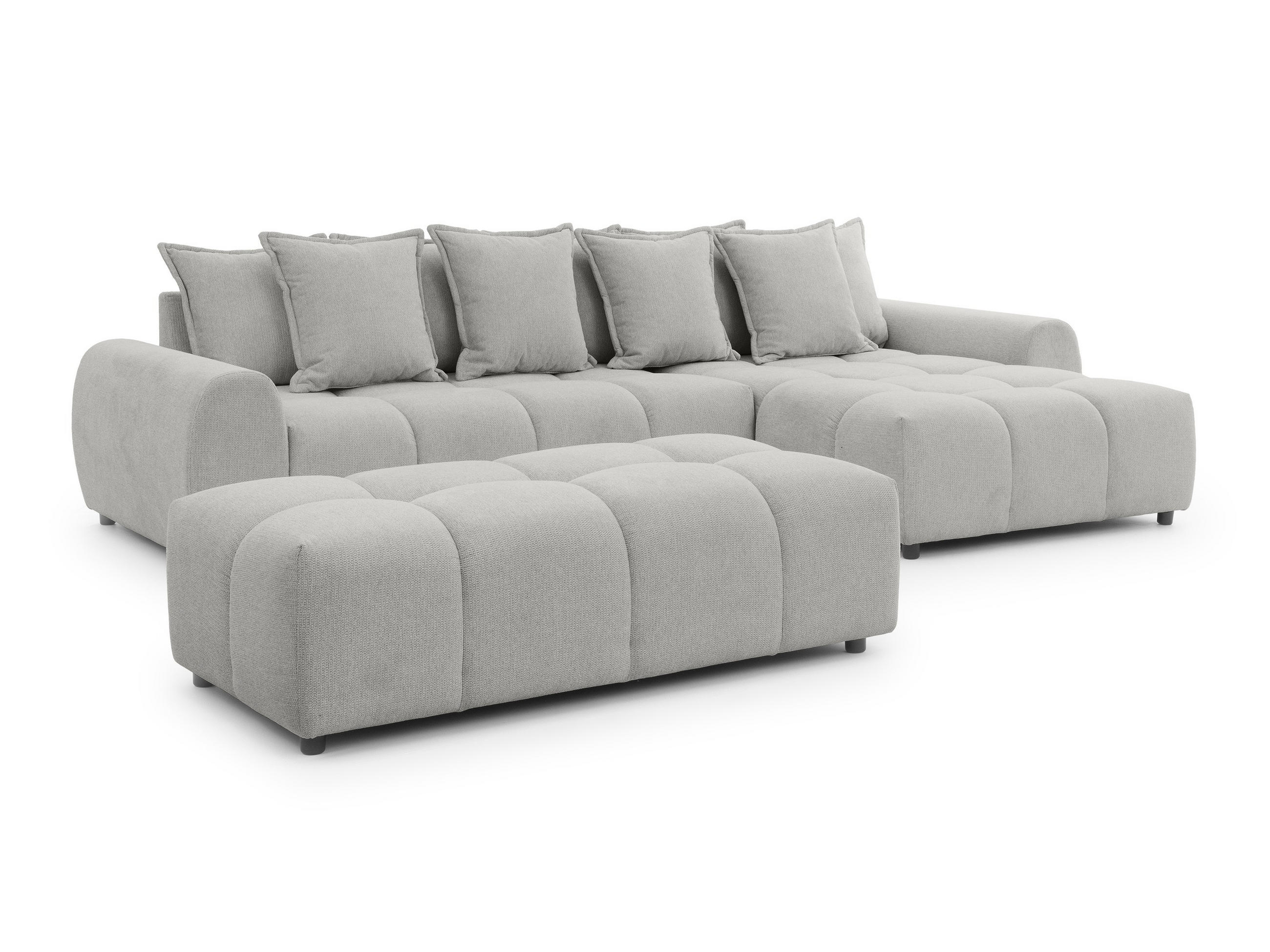 ECKSOFA inkl. Hocker Bubble mit Schlaffunktion und losen Rückenkissen, Sitzfläche Bubble-Optik aus weichem Hellegrau Strukturstoff - Ottomane Rechts - Hellgrau/Schwarz, Holz/Kunststoff (306/180cm) - S-Style Möbel