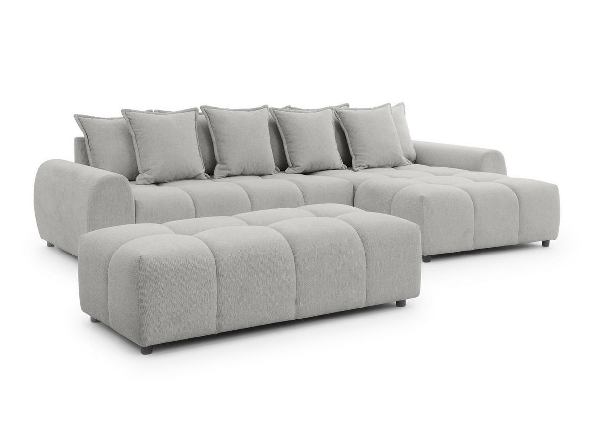 ECKSOFA inkl. Hocker Bubble mit Schlaffunktion und losen Rückenkissen, Sitzfläche Bubble-Optik aus weichem Hellegrau Strukturstoff - Ottomane Rechts - Hellgrau/Schwarz, Holz/Kunststoff (306/180cm) - S-Style Möbel
