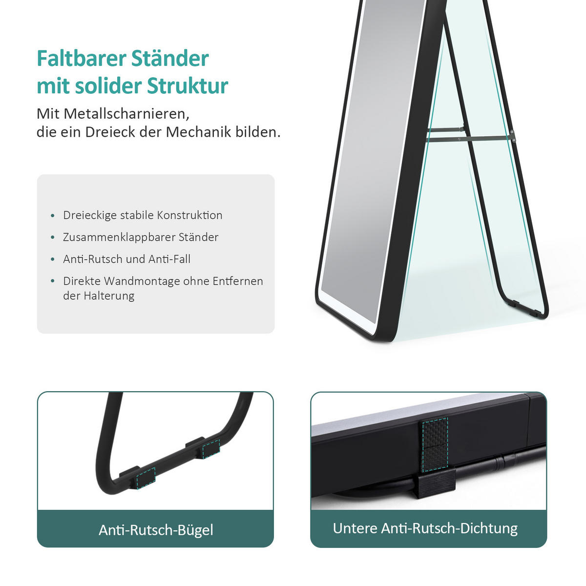 STANDSPIEGEL mit Beleuchtung und Rahmen Schwarz 160/60 cm - Schwarz, Glas/Metall (60/160/160cm) - EMKE