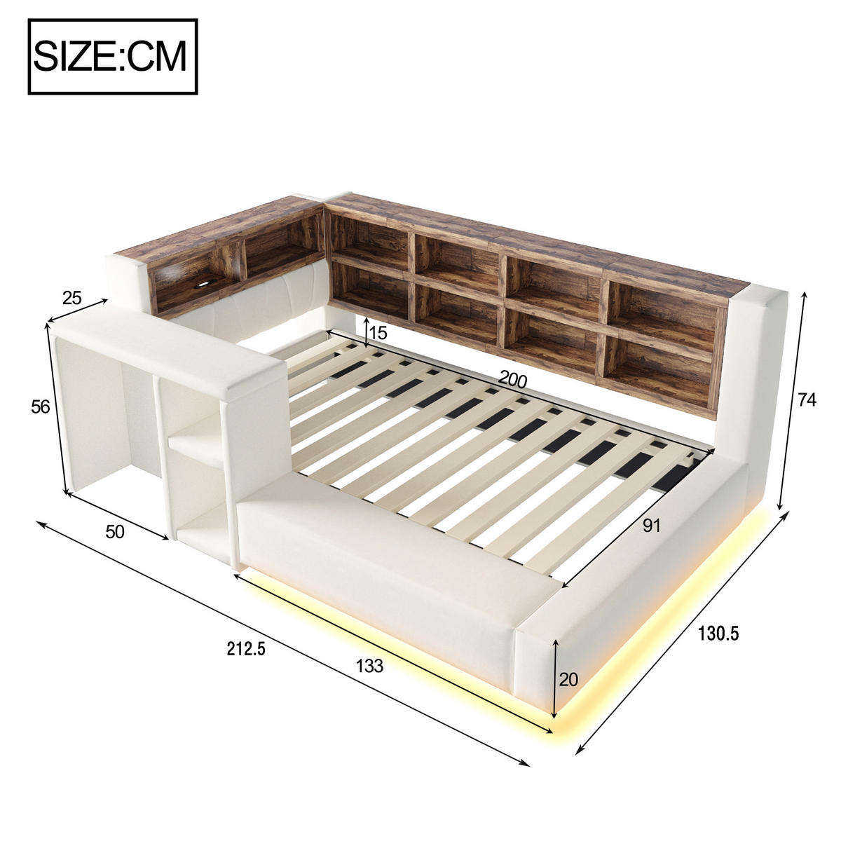 POLSTERBETT 90/200 cm in Beige mit Staufächern, LED, Steckdosen und Beistelltisch aus Samt, gepolstertem Kopfteil - Beige, Holzwerkstoff/Textil (90/200cm) - STILVORA