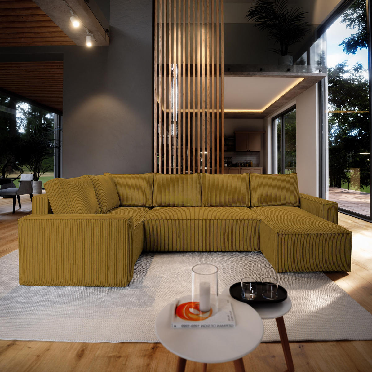 ROHOVÁ SEDAČKA NORENA žlutá - šedá/žlutá, dřevo/textil (295/157.5cm) - MASSENO