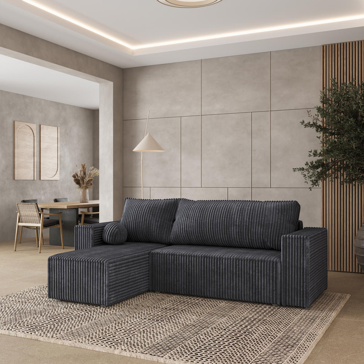 ECKSOFA RAVELO T Graphitfarben Kordstoff mit Schlaffunktion - Graphitfarben/Grau, Holz/Kunststoff (240/140cm) - MASSENO