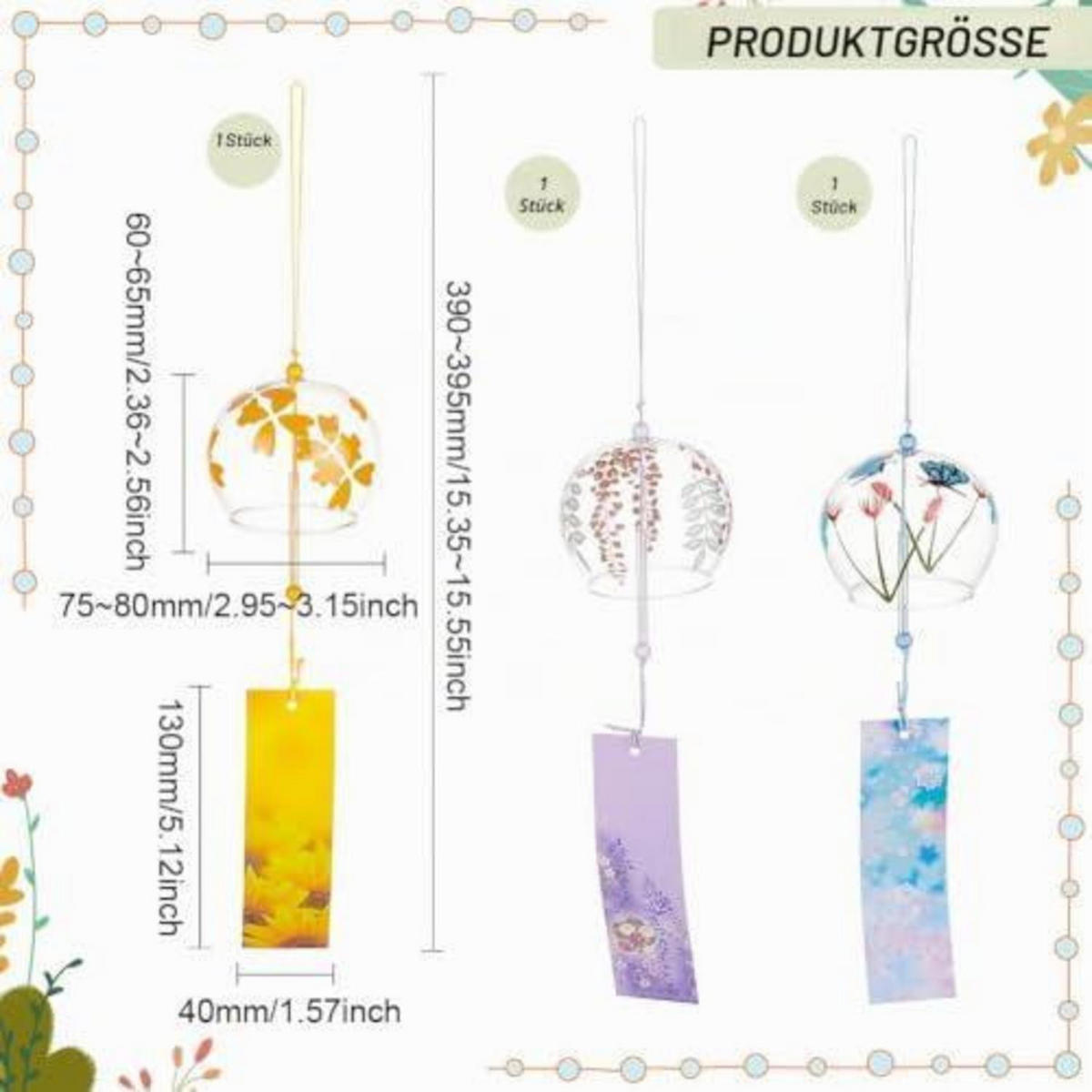 WINDSPIEL 3-teiliges Set Glas Himmelblau Gelb Violett - Multicolor, Glas (39.5/8/6cm)