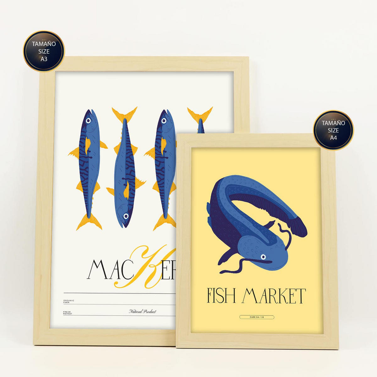 POSTER Set Mit 6 Lebensmittel Und Ernährungs Meeresprodukte Natur Und Botanikdrucke Für Innenarchitektur A3 & A4 Rahmen Aus Hellem Holz - Beige, Papier (29/3cm) - Nacnic