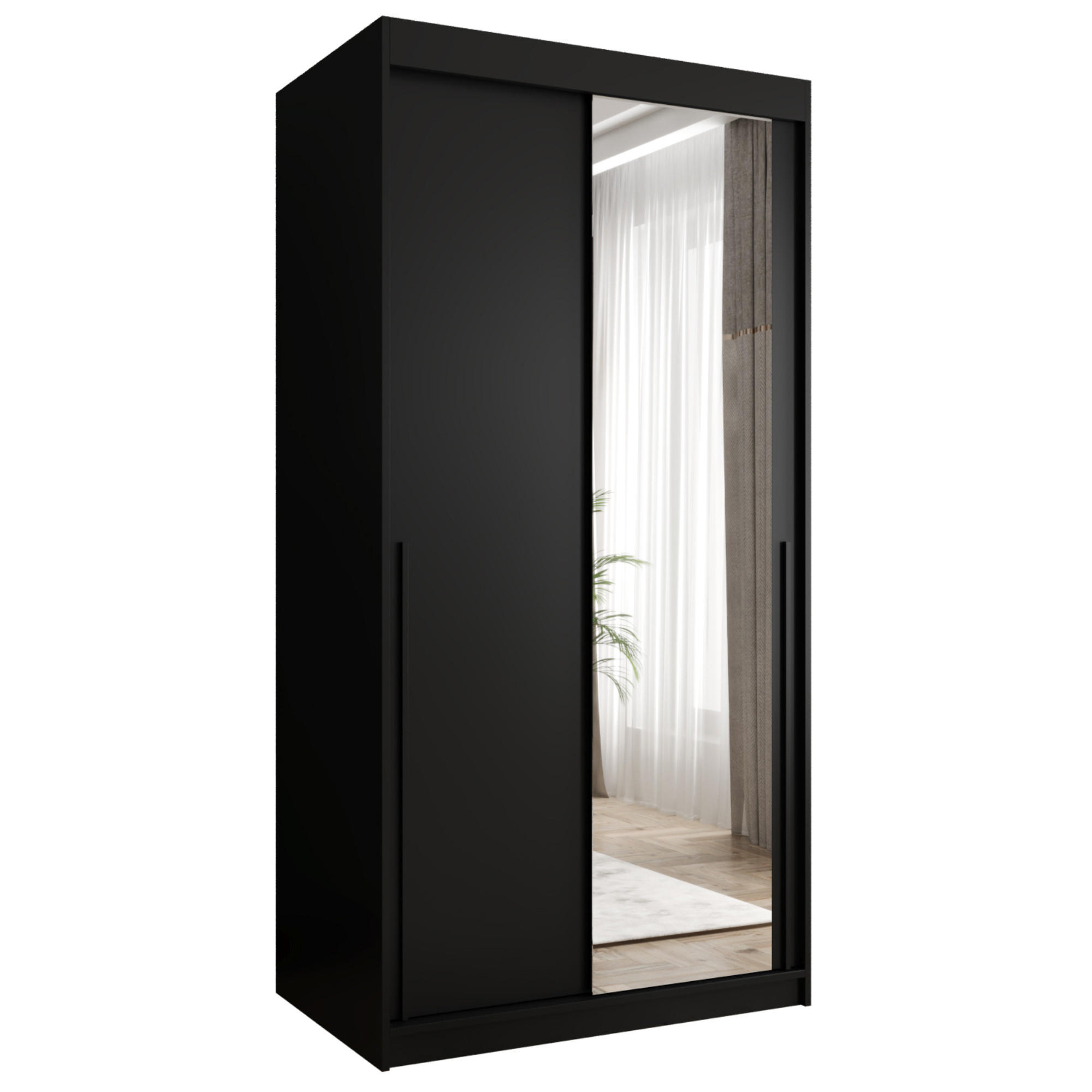 SCHIEBETÜRENSCHRANK mit Spiegel 100 cm Breite, schwarz, mit schwarzem Griff - Schwarz, Holzwerkstoff (100/200/62cm) - Home Collective