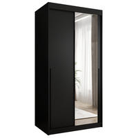 SCHIEBETÜRENSCHRANK mit Spiegel 100 cm Breite, schwarz, mit schwarzem Griff - Schwarz, Holzwerkstoff (100/200/62cm) - Home Collective