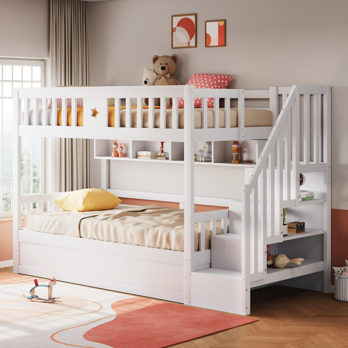 ETAGENBETTEN 90 x 200 cm, Holz,hydraulische Basis, Weiß - Weiß, Holz (90/200cm) - KOMHTOM