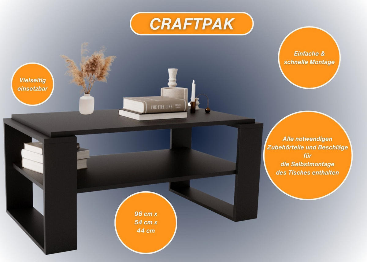COUCHTISCH Holzwerkstoff rechteckig stabil Schwarz 42/54/96cm - Schwarz, Holzwerkstoff (53.8/96/42cm) - CraftPAK