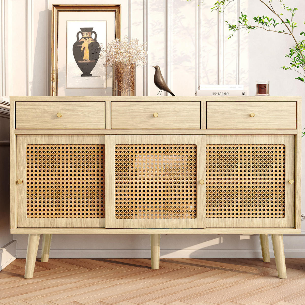 SIDEBOARD mit 3 Schubladen und 3 Türen 120 x 40 x 78 cm Eiche - Hellbraun, Holzwerkstoff (120/78/40cm) - Meubliv