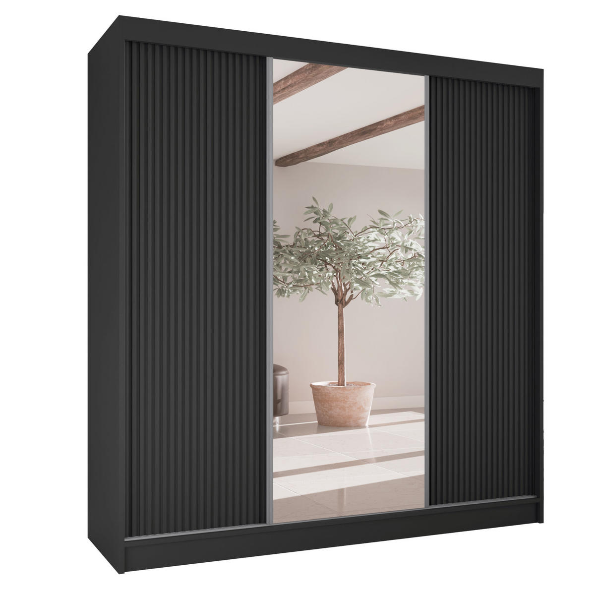 SCHWEBETÜRENSCHRANK Rafi mit Spiegel und mit geriffelten Fronten, 200 cm, Schwarz - Schwarz, Holzwerkstoff (200/215/61cm) - AN-Moebel 4u