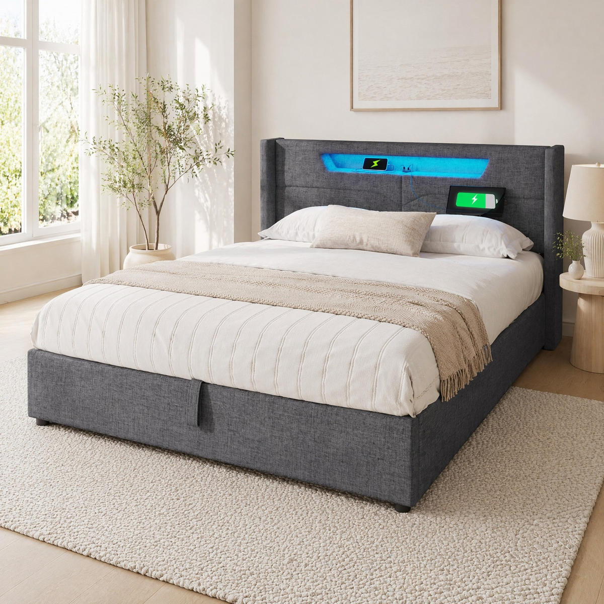 ČALOUNĚNÁ POSTEL 160/200 cm v šedé barvě s úložným prostorem, LED a USB-C - šedá, kov/kompozitní dřevo (160/200cm) - CHICFURN