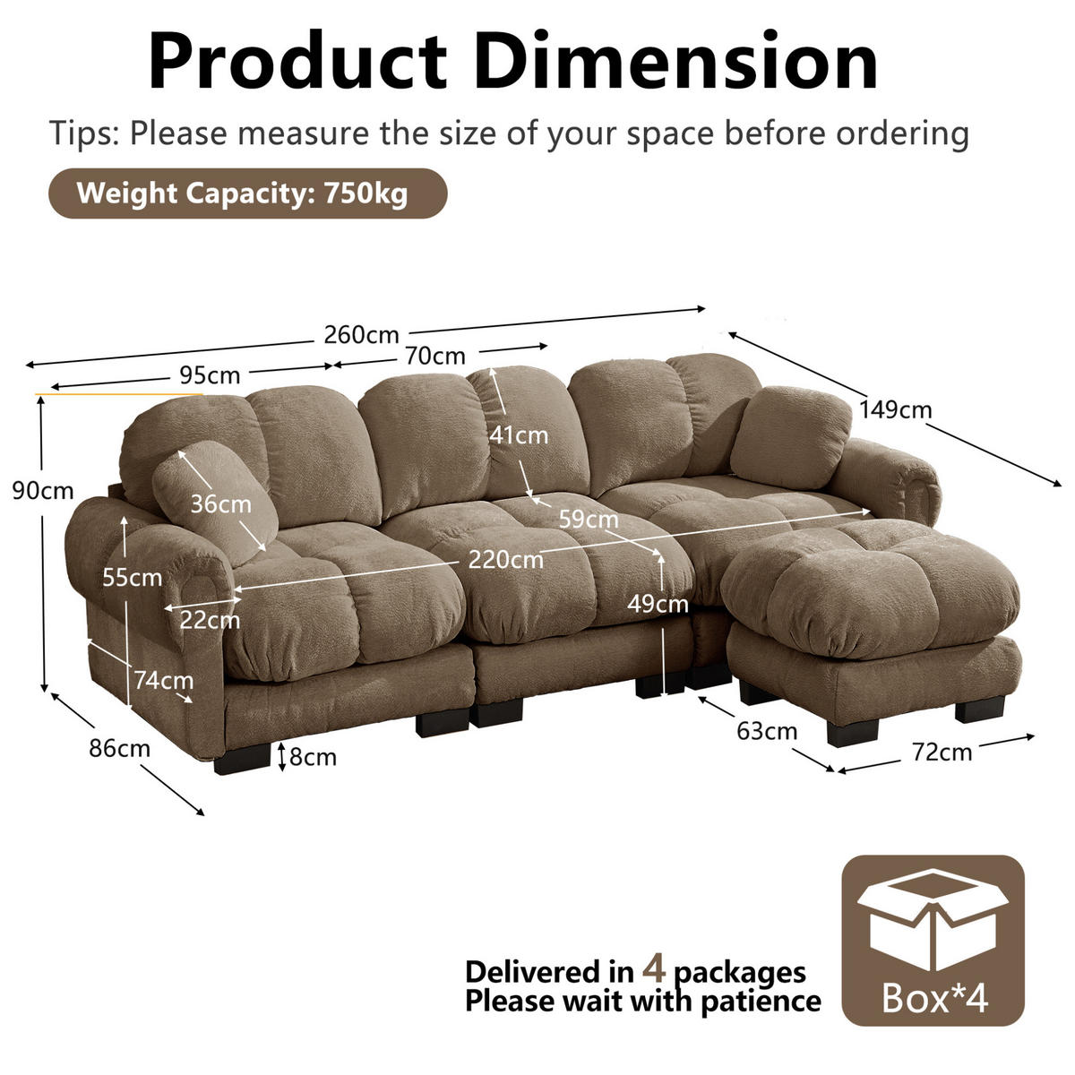 SOFA mit beweglichem Hocker und 2 Kissen Chenille Braun - Braun, Holz (149/260cm) - Meubliv