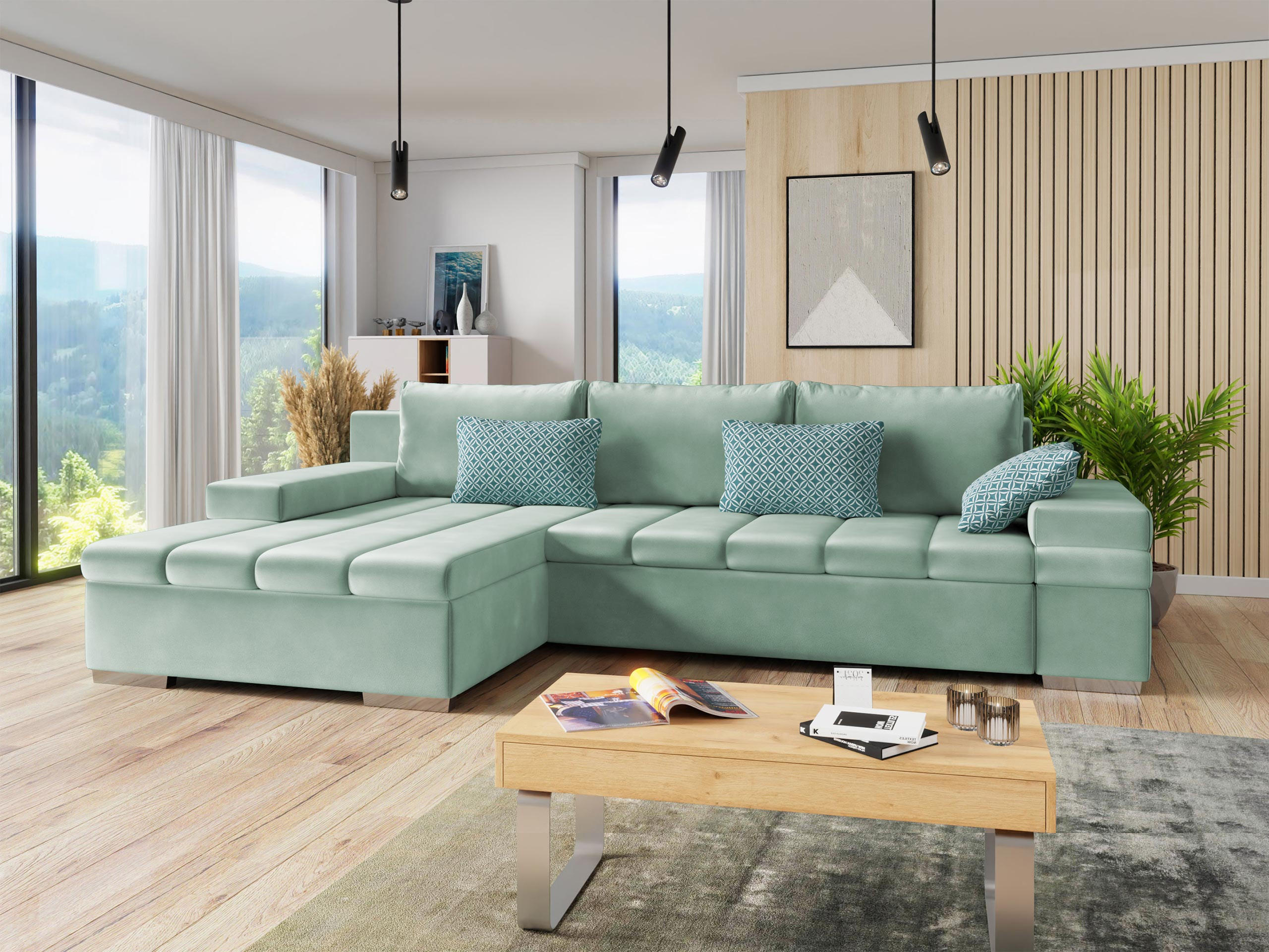 ECKSOFA Bangkok, Seite: Links - Silberfarben/Mintgrün, Holz/Textil (310/175cm) - MIRJAN24