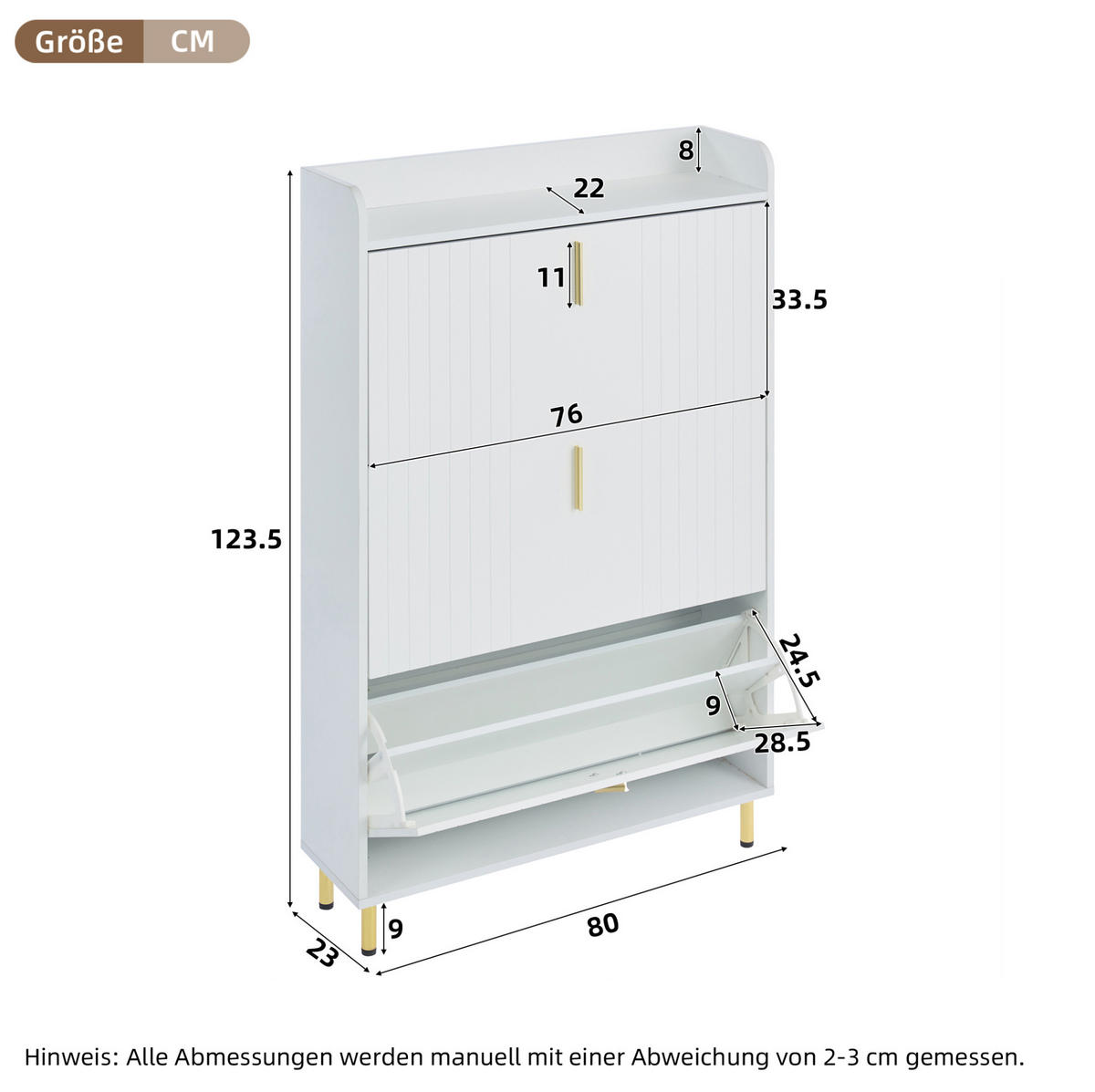SCHUHSCHRANK 80/23/123,5 cm mit 3 Klappen, verstellbaren Einlegeböden und Ablagefach aus MDF, Weiß - Weiß, Holzwerkstoff (80/124/23cm) - Redom