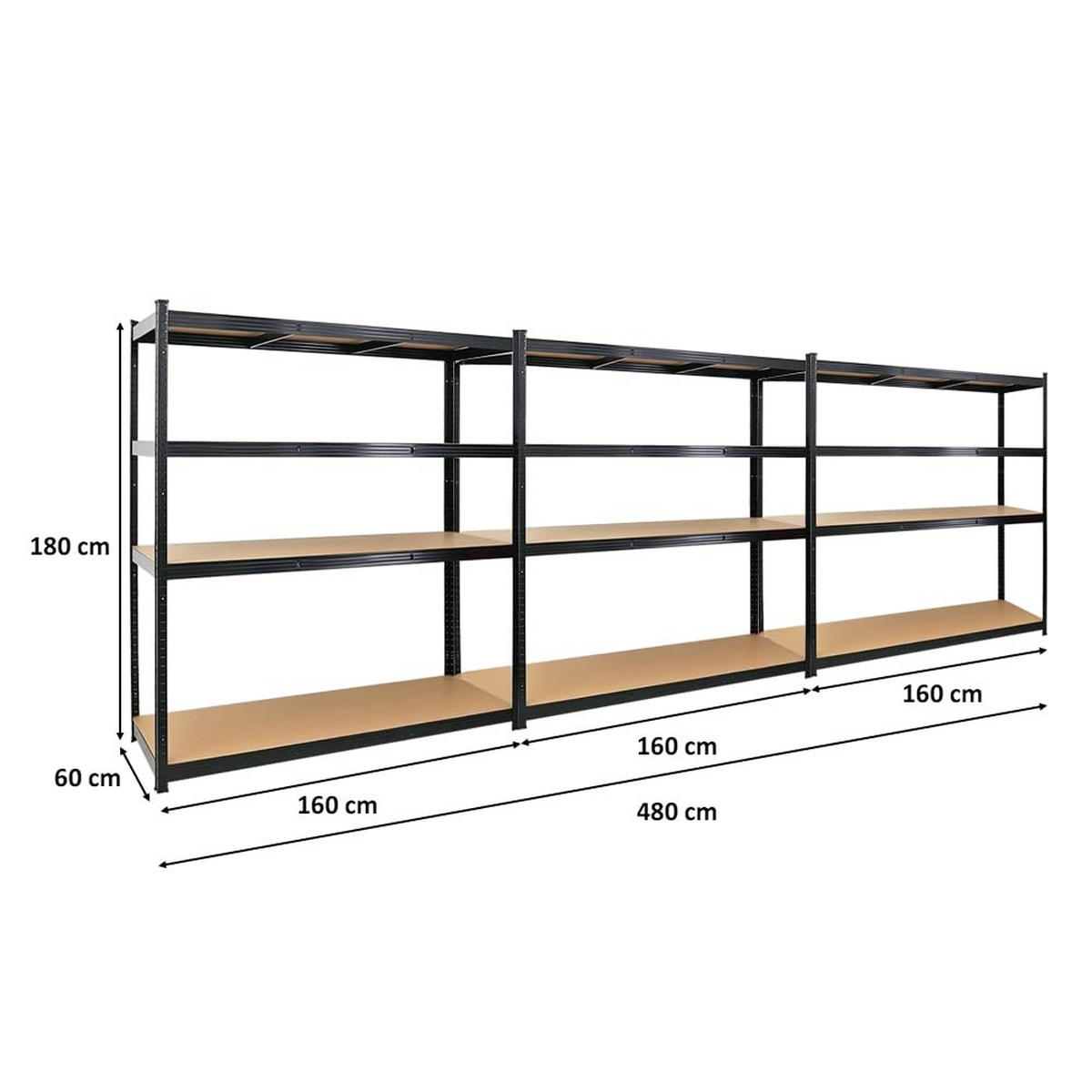 SCHWERLASTREGAL Taurus XL 3er-Set 180x160x60 cm Fachlast 250 kg Schwarz - Schwarz, Metall (480/180/60cm) - PROREGAL