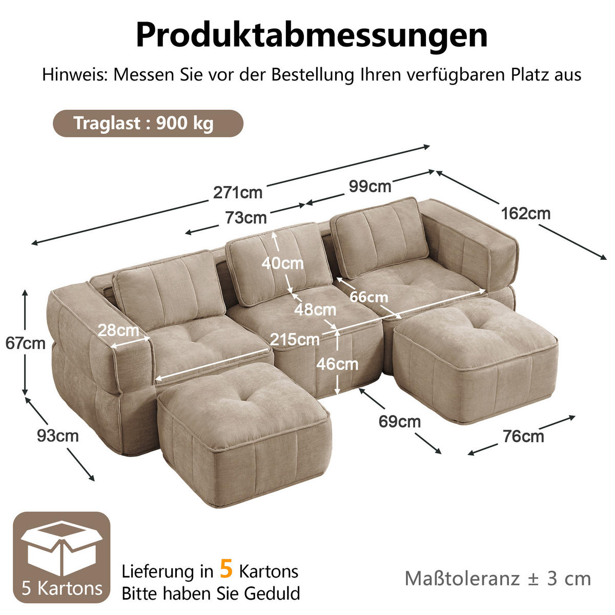 CANAPEA 3 LOCURI cu 2 taburete, minimalist, Poliester-nisipiu - nisipiu, material textil (162/67/271cm) - KOMHTOM