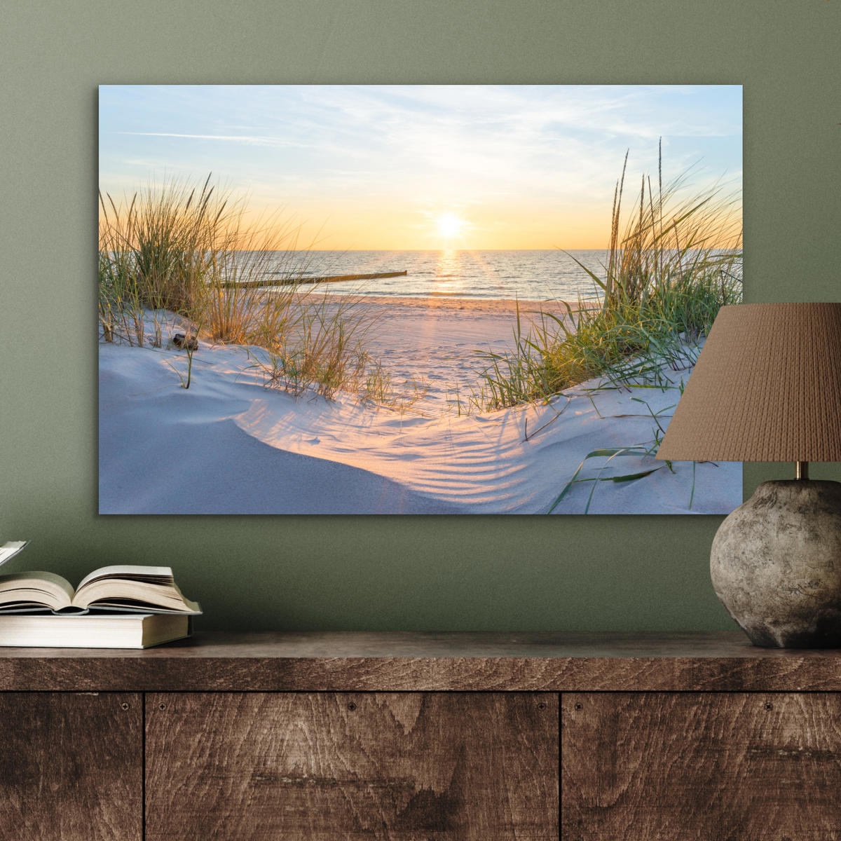 METALLBILD Strand - Sonne - Düne - Gras - Sand - Horizont 60x40 cm - Hellblau, Metall (60/40cm) - MuchoWow