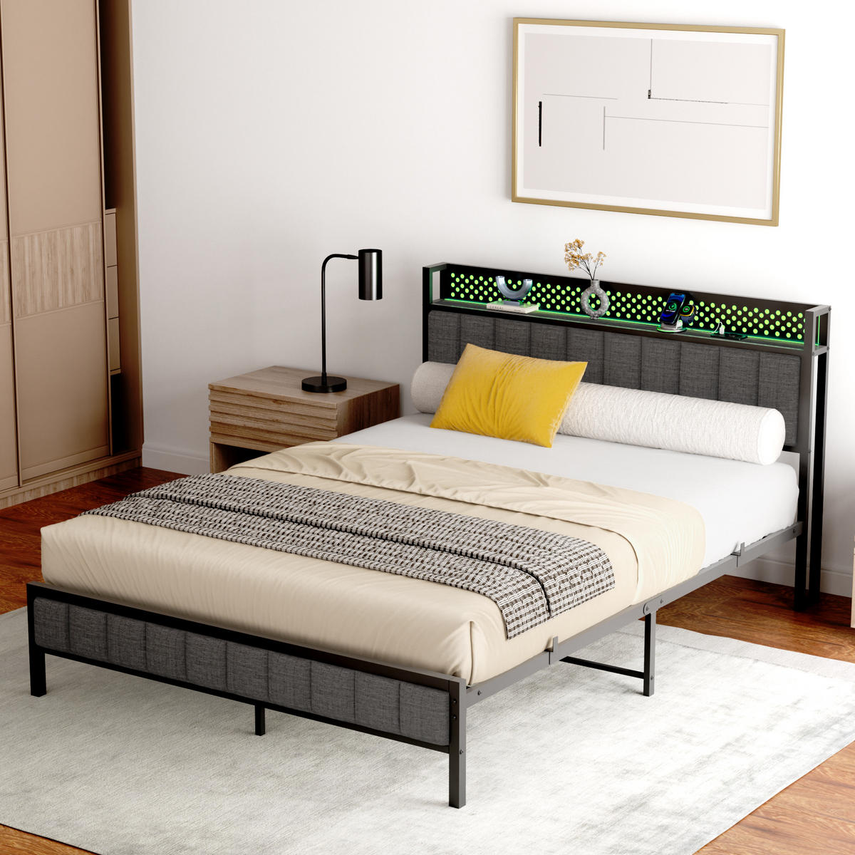 METALLBETT 140/200 mit Matratze und Gepolstertes Kopfteil Jugendbett mit LED und Steckdose, 27 cm Bodenfreiheit - Schwarz/Grau, Holzwerkstoff/Textil (140/200cm) - STILVORA