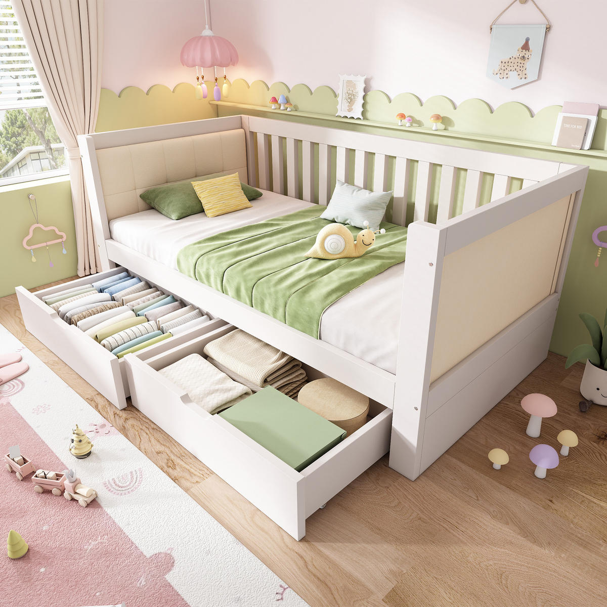 POLSTERBETT 90/190 cm mit 2 Schubladen, gepolsterter Rückenlehne und Lattenrost, Holz, Weiß - Weiß, Textil (90/190cm) - Redom